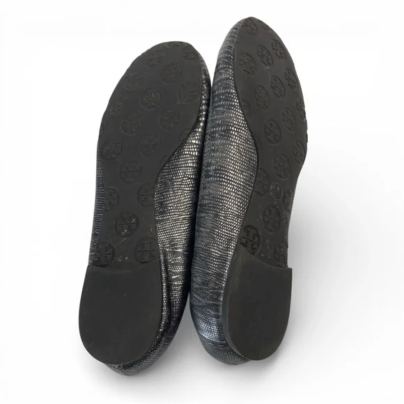 TORY BURCH Reva Lizard Metallic Black and Silver Leather Ballet Flats 8.5